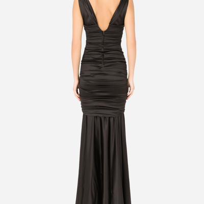 Dolce & Gabbana Long Satin Dress With Draping In Black