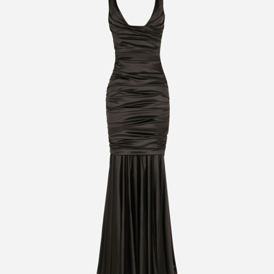 Dolce & Gabbana Long Satin Dress With Draping In Black