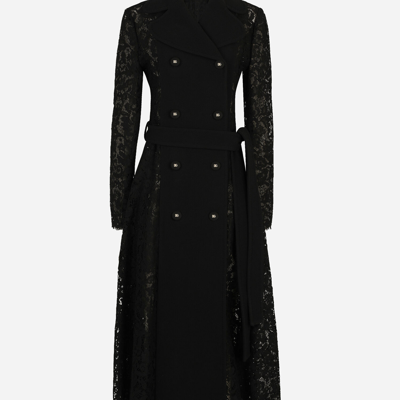 Shop Dolce & Gabbana Cordonetto Lace And Crepe Coat With Belt In Black