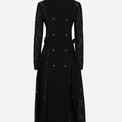 Dolce & Gabbana Cordonetto Lace And Crepe Coat With Belt In Black