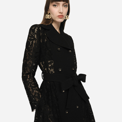 Shop Dolce & Gabbana Cordonetto Lace And Crepe Coat With Belt In Black