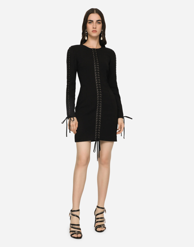 Shop Dolce & Gabbana Short Cady Dress With Laces And Eyelets In Black