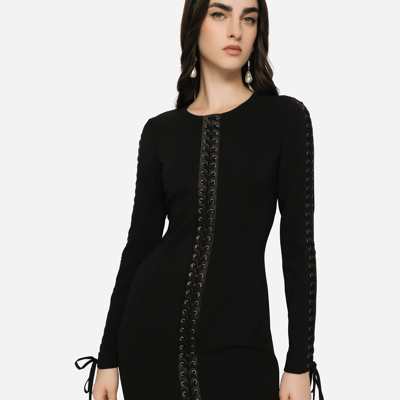 Shop Dolce & Gabbana Short Cady Dress With Laces And Eyelets In Black