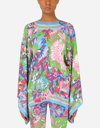 Shop Dolce & Gabbana 60s-print Charmeuse Tunic With Kimono Sleeves In Multicolor