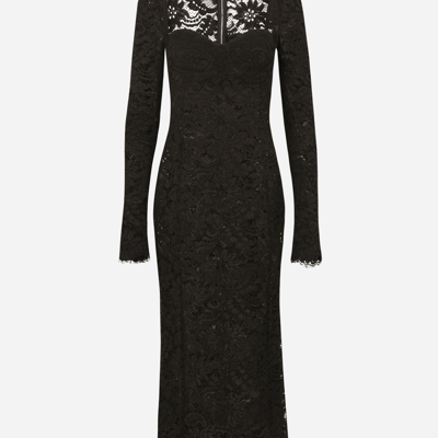 Dolce & Gabbana Lace Calf-length Dress With Scalloped Detailing In Black