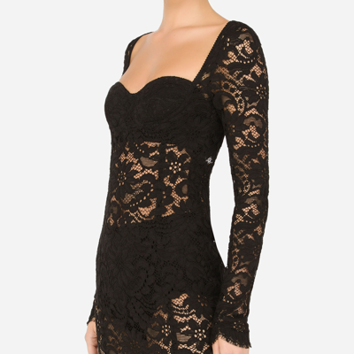 Dolce & Gabbana Lace Calf-length Dress With Scalloped Detailing In Black