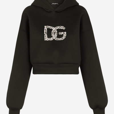 Shop Dolce & Gabbana Technical Jersey Hoodie With Crystal-embellished Dg Logo In Black