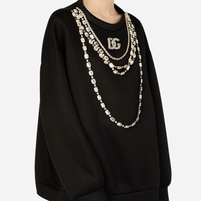 Shop Dolce & Gabbana Jersey Sweatshirt With Necklace And Crystal-embellished Dg Logo In Black