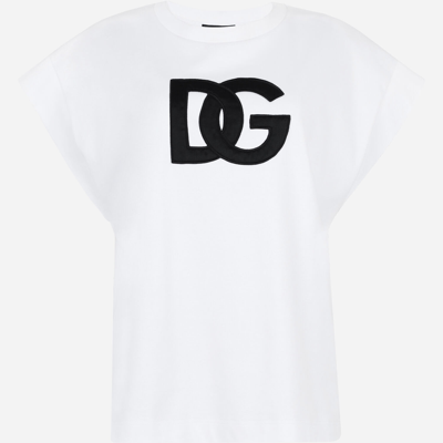 Shop Dolce & Gabbana Interlock T-shirt With Satin Dg Patch In White