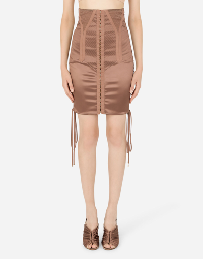 Shop Dolce & Gabbana Short Satin Skirt With Laces And Eyelets In Brown