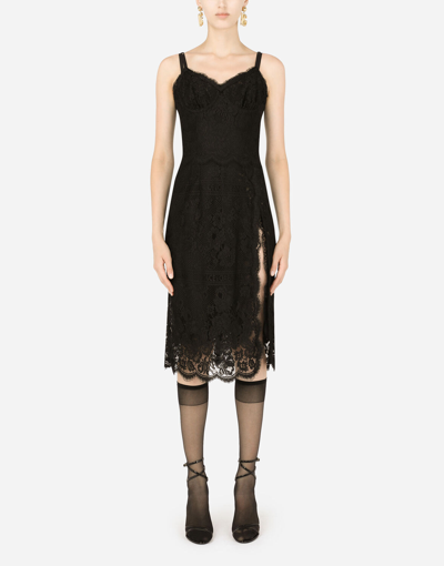 Shop Dolce & Gabbana Lace Midi Dress With Double Scalloped Detailing In Black