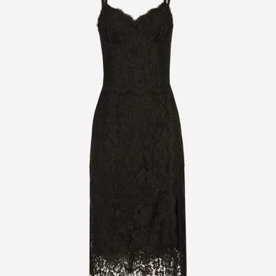 Shop Dolce & Gabbana Lace Midi Dress With Double Scalloped Detailing In Black