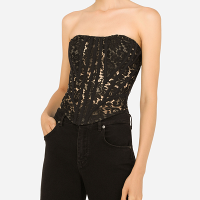 Shop Dolce & Gabbana Lace Bustier With Laces And Eyelets In Black