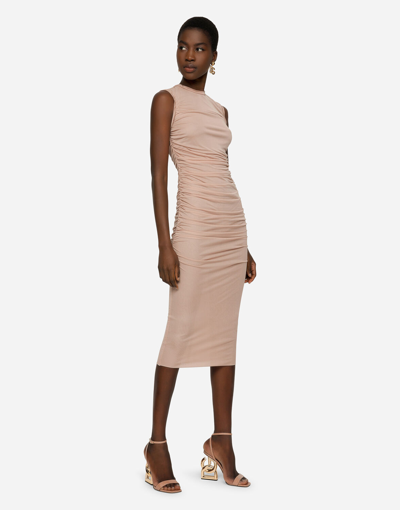 Shop Dolce & Gabbana Jersey Calf-length Dress With Draping In Beige