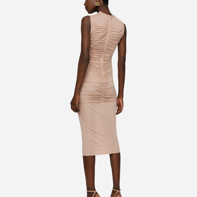 Shop Dolce & Gabbana Jersey Calf-length Dress With Draping In Beige