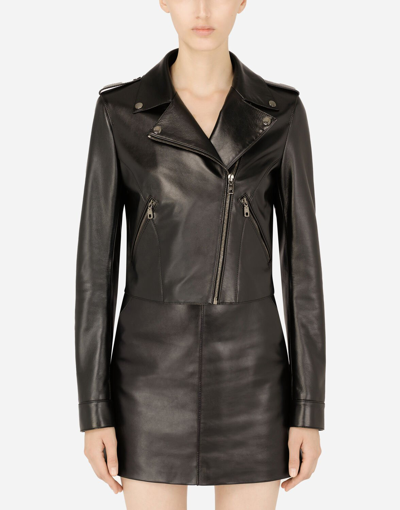 Shop Dolce & Gabbana Leather Biker Jacket With Tab Details In Black