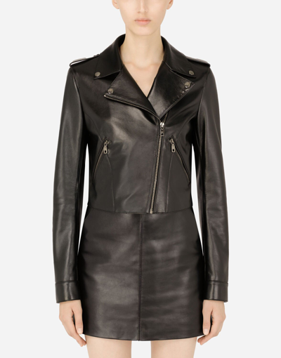 Dolce & Gabbana Leather Biker Jacket With Tab Details In Black