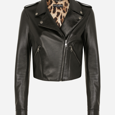 Shop Dolce & Gabbana Leather Biker Jacket With Tab Details In Black