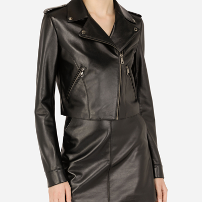 Shop Dolce & Gabbana Leather Biker Jacket With Tab Details In Black