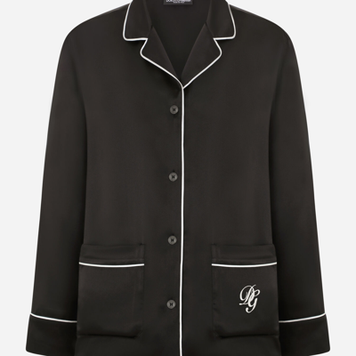 Dolce & Gabbana Satin Pajama Shirt With Dg Embroidery In Black