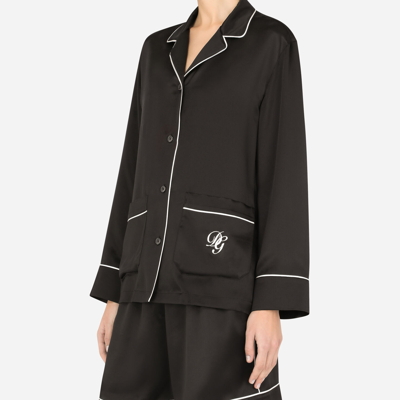 Shop Dolce & Gabbana Satin Pajama Shirt With Dg Embroidery In Black