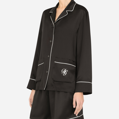 Dolce & Gabbana Satin Pajama Shirt With Dg Embroidery In Black