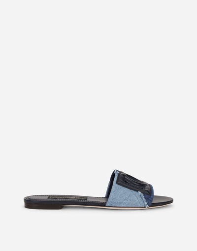 Shop Dolce & Gabbana Patchwork Denim Sliders With Dg Logo In Blue