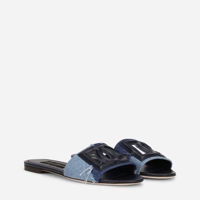 Shop Dolce & Gabbana Patchwork Denim Sliders With Dg Logo In Blue