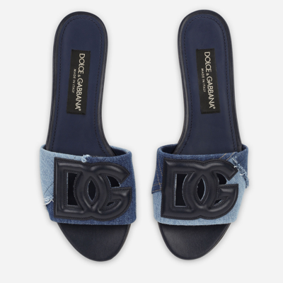 Shop Dolce & Gabbana Patchwork Denim Sliders With Dg Logo In Blue