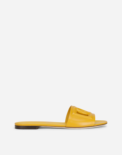 Shop Dolce & Gabbana Calfskin Sliders With Dg Logo In Yellow