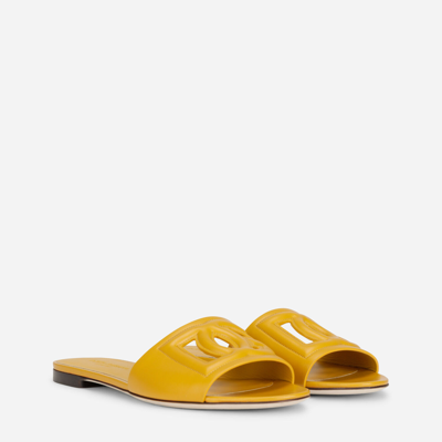 Shop Dolce & Gabbana Calfskin Sliders With Dg Logo In Yellow