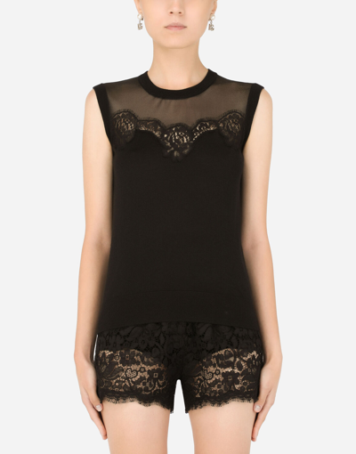 Shop Dolce & Gabbana Sleeveless Cashmere And Silk Sweater With Lace In Black