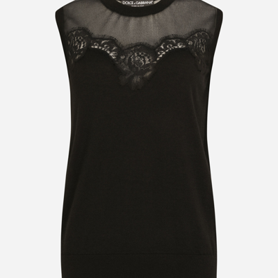 Shop Dolce & Gabbana Sleeveless Cashmere And Silk Sweater With Lace In Black