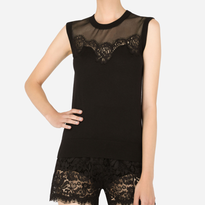 Shop Dolce & Gabbana Sleeveless Cashmere And Silk Sweater With Lace In Black