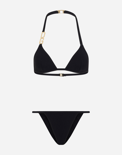 Dolce & Gabbana Jersey Triangle Bikini Set W/ Logo In Black