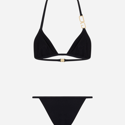 Dolce & Gabbana Jersey Triangle Bikini Set W/ Logo In Black