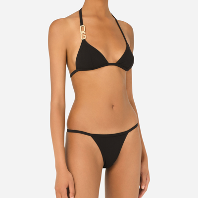 Dolce & Gabbana Jersey Triangle Bikini Set W/ Logo In Black