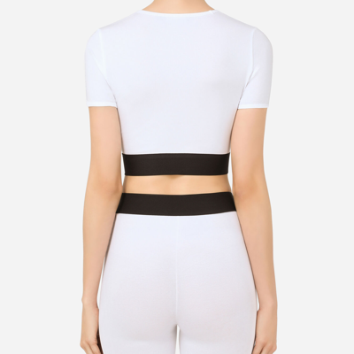 Short-sleeve Branded Elastic Cotton Crop Top In White Short-sleeve Branded Elastic Cotton Crop Top In White