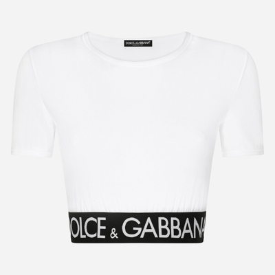 Short-sleeve Branded Elastic Cotton Crop Top In White Short-sleeve Branded Elastic Cotton Crop Top In White