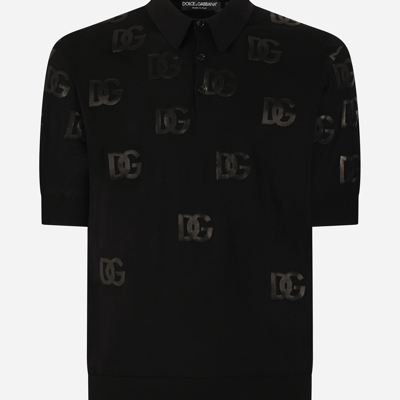 Shop Dolce & Gabbana Short-sleeved Wool Jacquard Polo-shirt With Dg Detailing In Black
