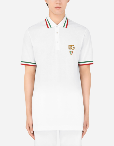 Dolce & Gabbana Cotton Piqué Polo Shirt With Dg Patch In White | ModeSens