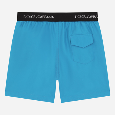 Shop Dolce & Gabbana Nylon Swim Trunks With Branded Elastic In Azure