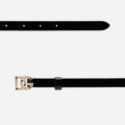 Dolce & Gabbana Patent Leather Belt With Multi-colored Crystals In Black