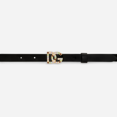 Dolce & Gabbana Patent Leather Belt With Multi-colored Crystals In Black