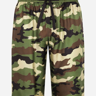 Shop Dolce & Gabbana Silk Shorts With Camouflage Print And Patch In Multicolor