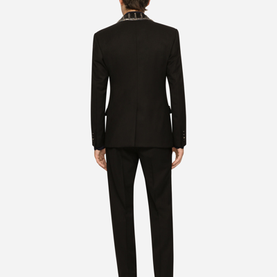 Dolce & Gabbana Three-piece Stretch Wool Sicilia-fit Suit With Rhinestones In Black