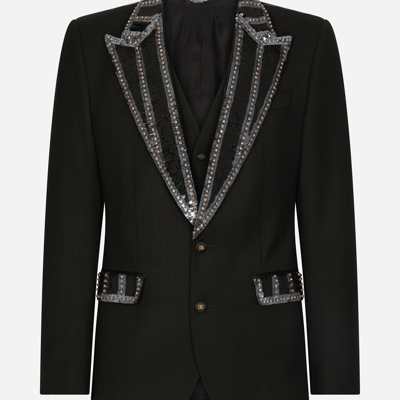 Dolce & Gabbana Three-piece Stretch Wool Sicilia-fit Suit With Rhinestones In Black