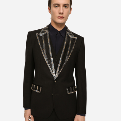 Dolce & Gabbana Three-piece Stretch Wool Sicilia-fit Suit With Rhinestones In Black