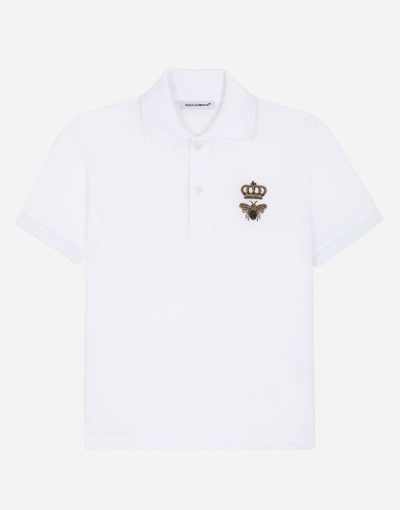 Shop Dolce & Gabbana Piqué Polo Shirt With Bee And Crown Embellishment In White