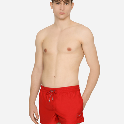 Shop Dolce & Gabbana Short Swim Trunks With Branded Plate In Red